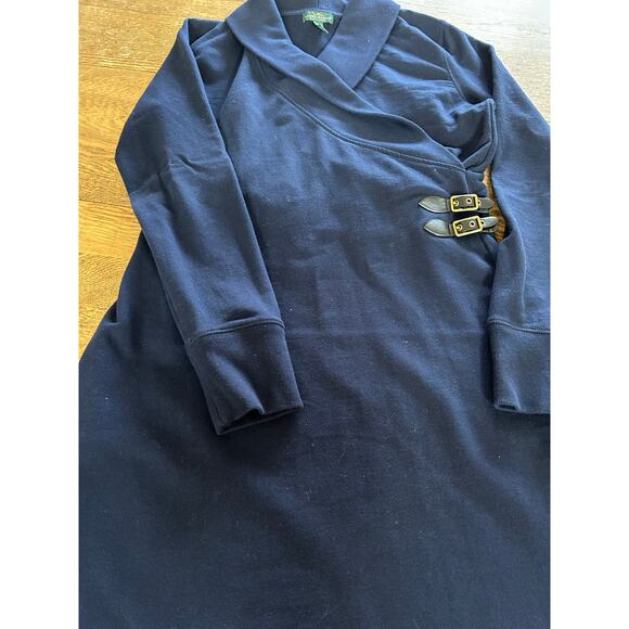 LRL Lauren Jean Co Faux Wrap Dress Navy Blue Heavy 100% Cotton Sz L Shawl Collar - Picture 2 of 10